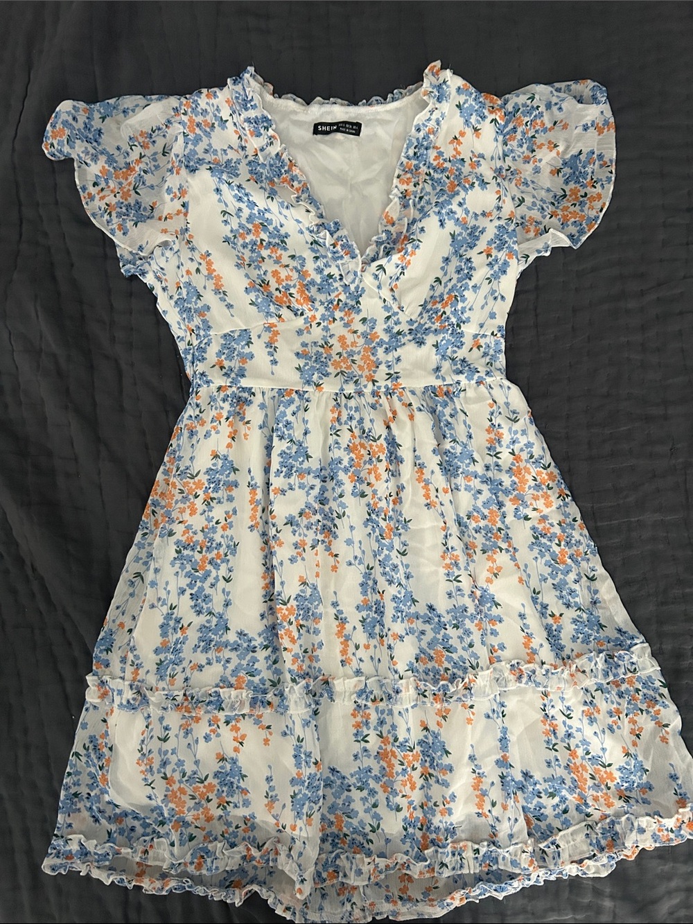 SHEIN White Floral Ruffle V-Neck Mini Dress with Blue & Orange Blossoms
